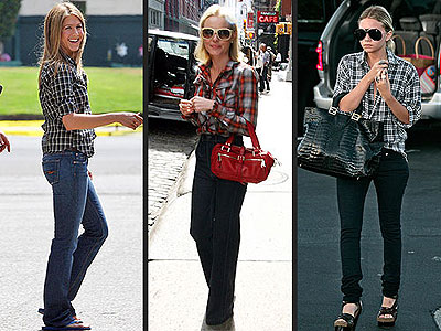 Дженнифер Энистон (Jennifer Aniston), Кейт Бекинсэйл (Kate Beckinsale) и Эшли Олсен (Ashley Olsen) носят рубашку с джинсами