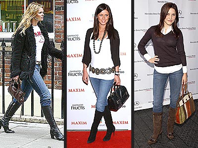 Эль Макферсон (Elle MacPherson), Ники Хилтон (Nicky Hilton) и София Буш (Sophia Bush) носят джинсы с сапогами